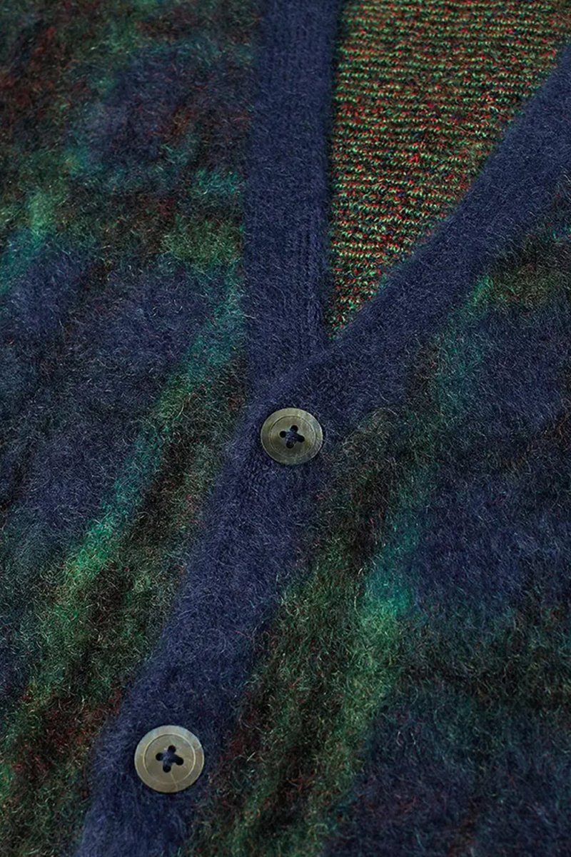 Anonymous Ism Check Mohair Knit Cardigan (Navy/Green) | Knitwear