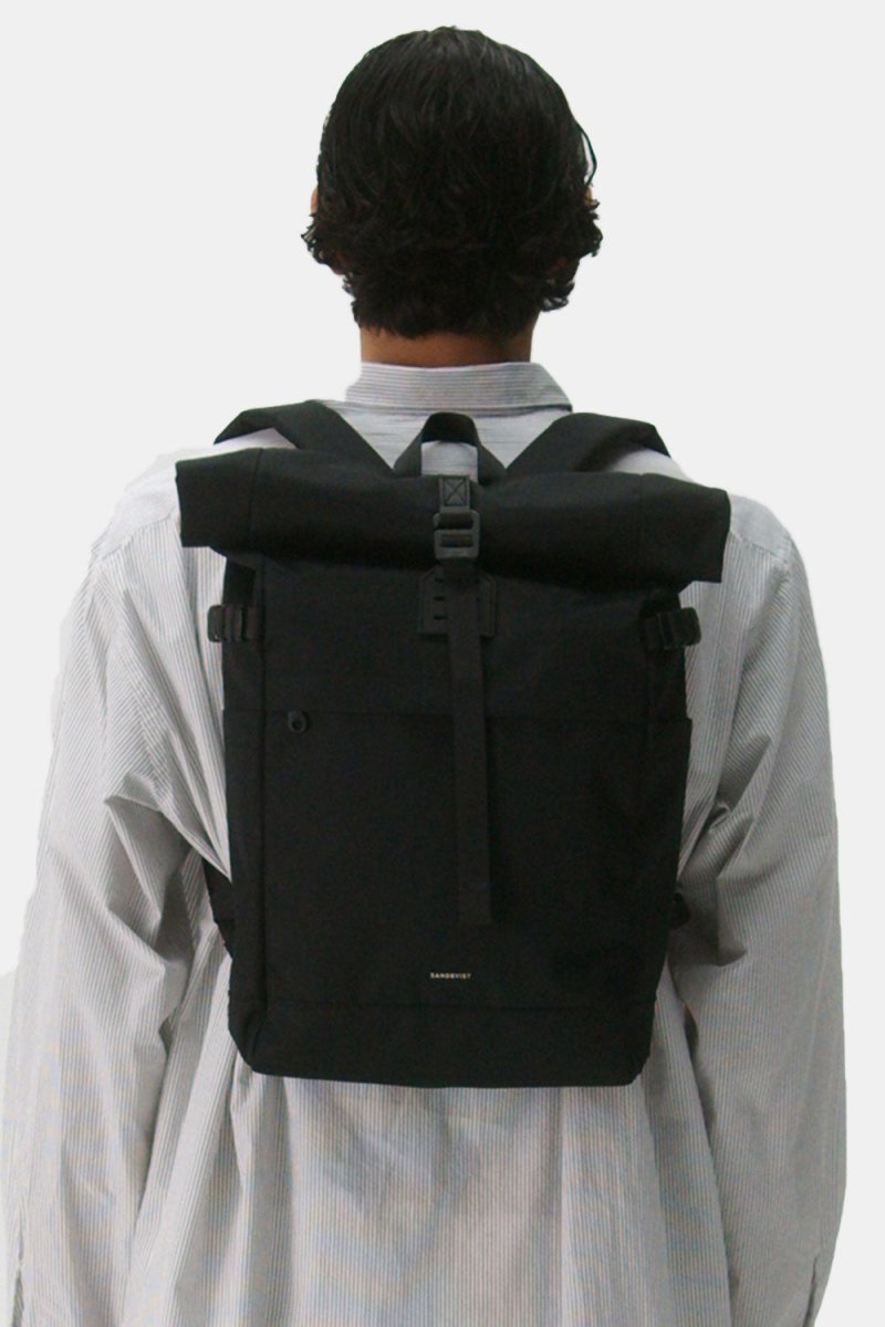 Sandqvist Icon Rolltop Backpack M (Black/Black Leather) | Bags